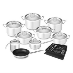 TREM DE COZINHA + FAQUEIRO SILAMPOS NAUTILUS ( Inox _ Satinado - Composto por: Caçarola com asas e tampa d... ) TREM DE COZINHA + FAQUEIRO SILAMPOS NAUTILUS ( Inox _ Satinado - Composto por: Caçarola com asas e tampa d... )